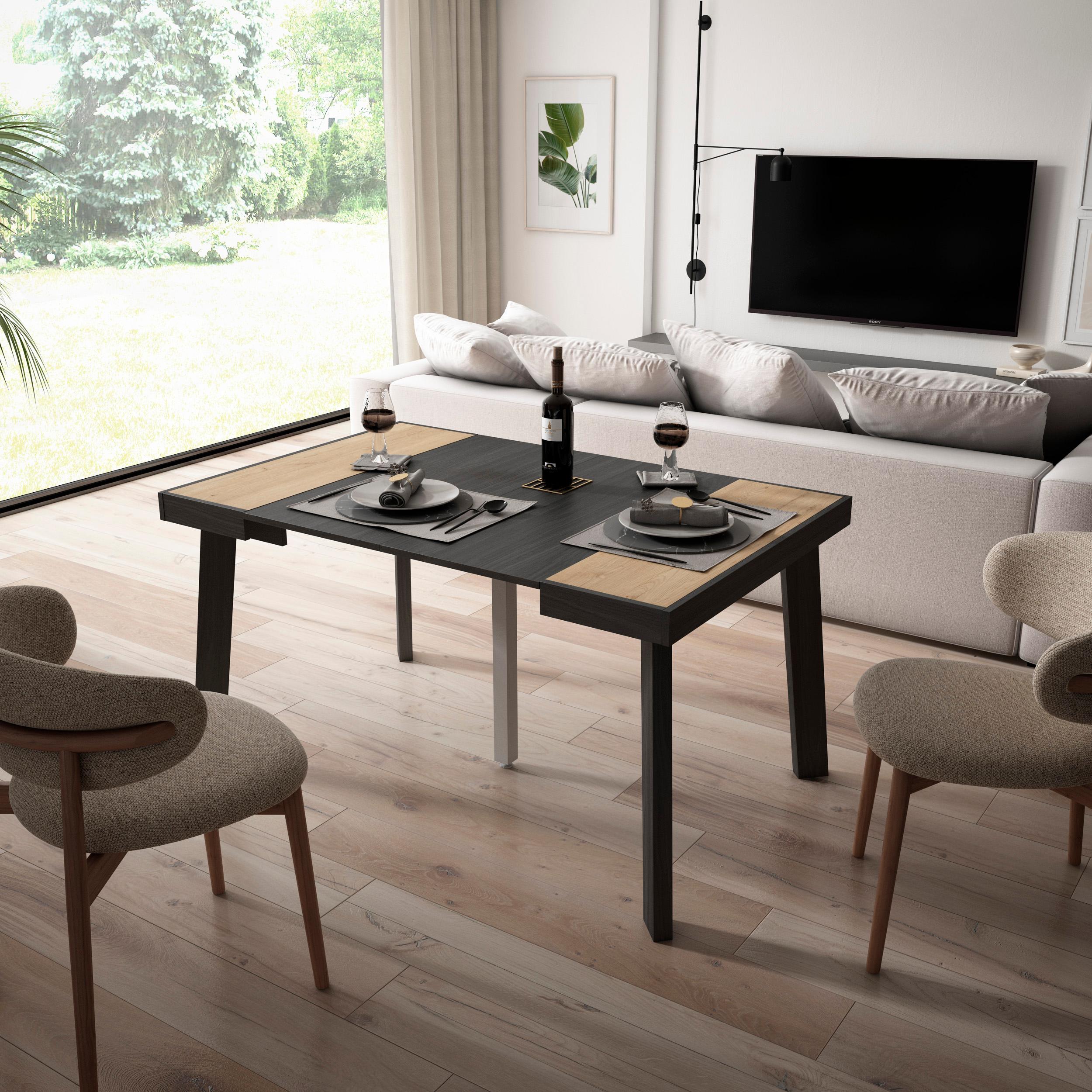 Consolle allungabile, 140x90x73cm, Per 6 persone, Gambe in legno, colore Rovere e nero RF3034