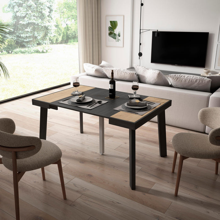 Consolle allungabile, 140x90x73cm, Per 6 persone, Gambe in legno, colore Rovere e nero RF3034