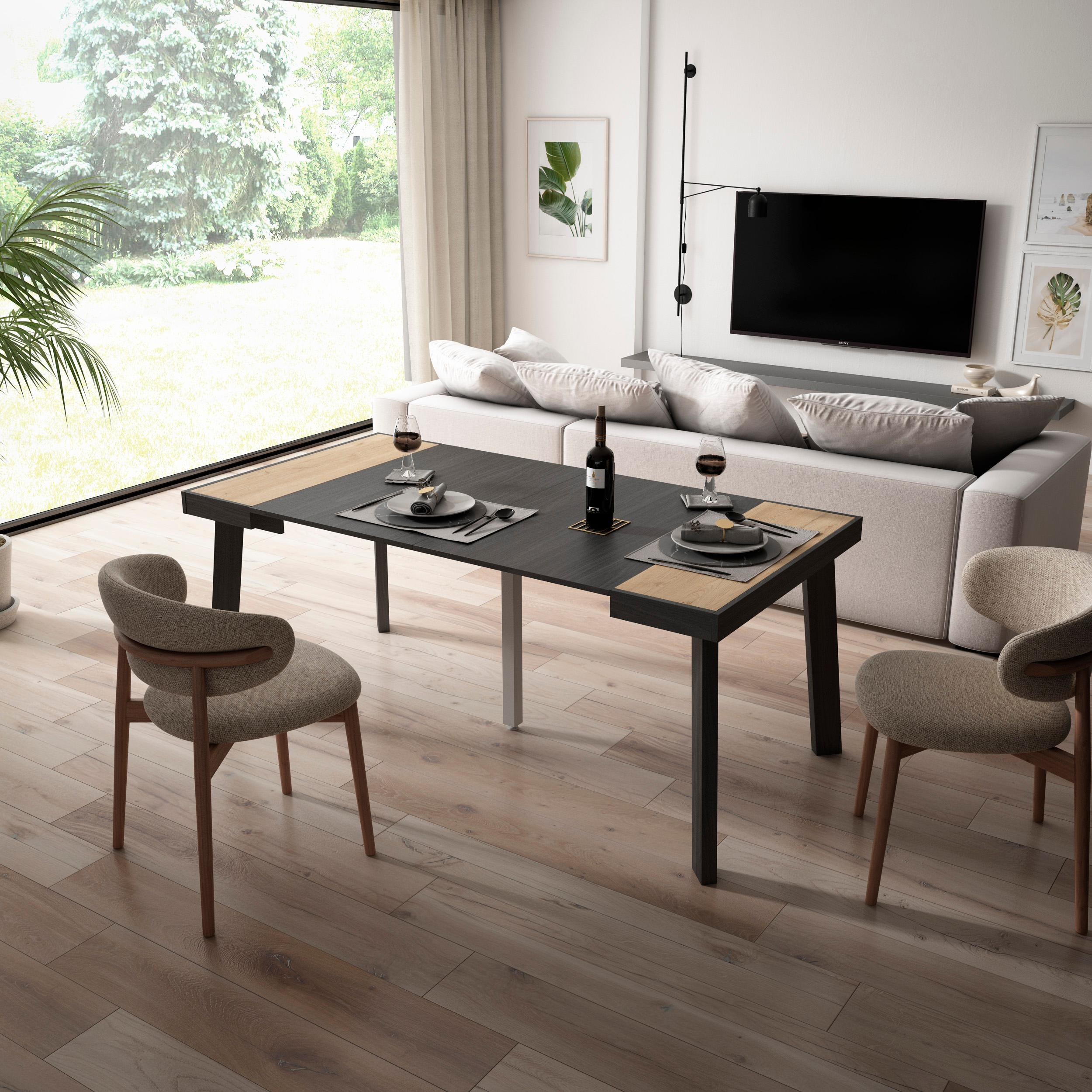 Consolle allungabile, 180x90x73cm, Per 8 persone, Gambe in legno, colore Rovere e nero RF3003