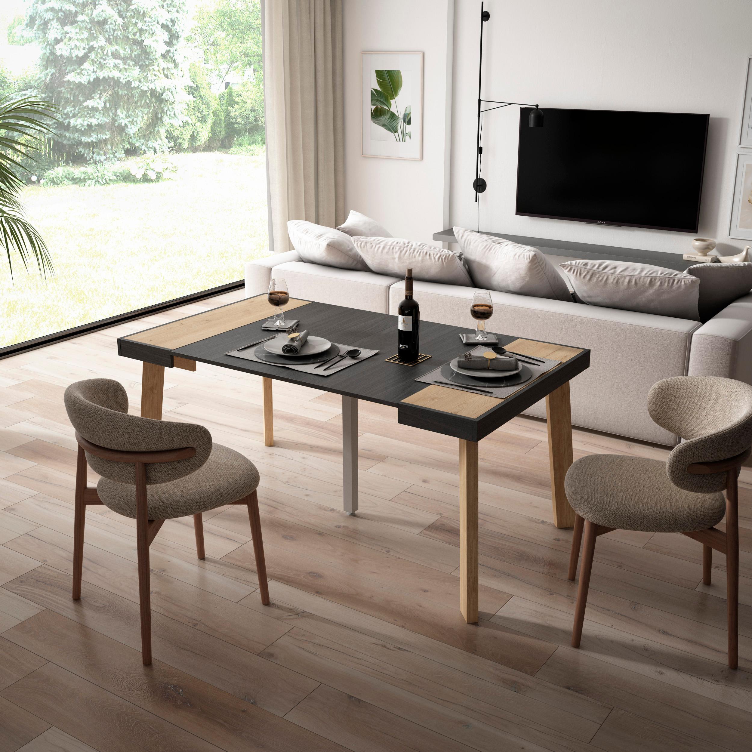 Consolle allungabile, 160x90x73cm, Per 8 persone, Gambe in legno, colore Rovere e nero RF3041