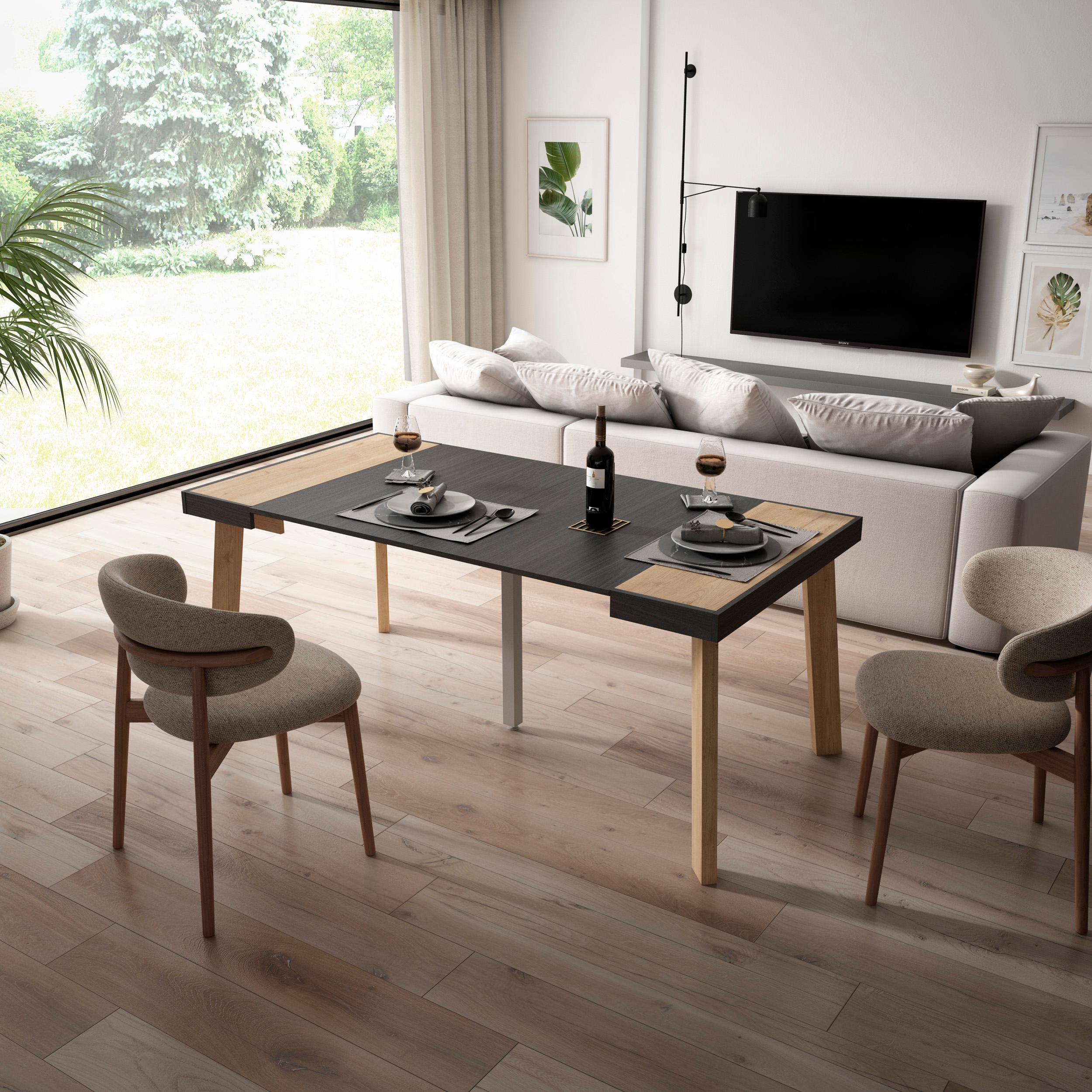 Consolle allungabile, 180x90x73cm, Per 8 persone, Gambe in legno, colore Rovere e nero RF3010