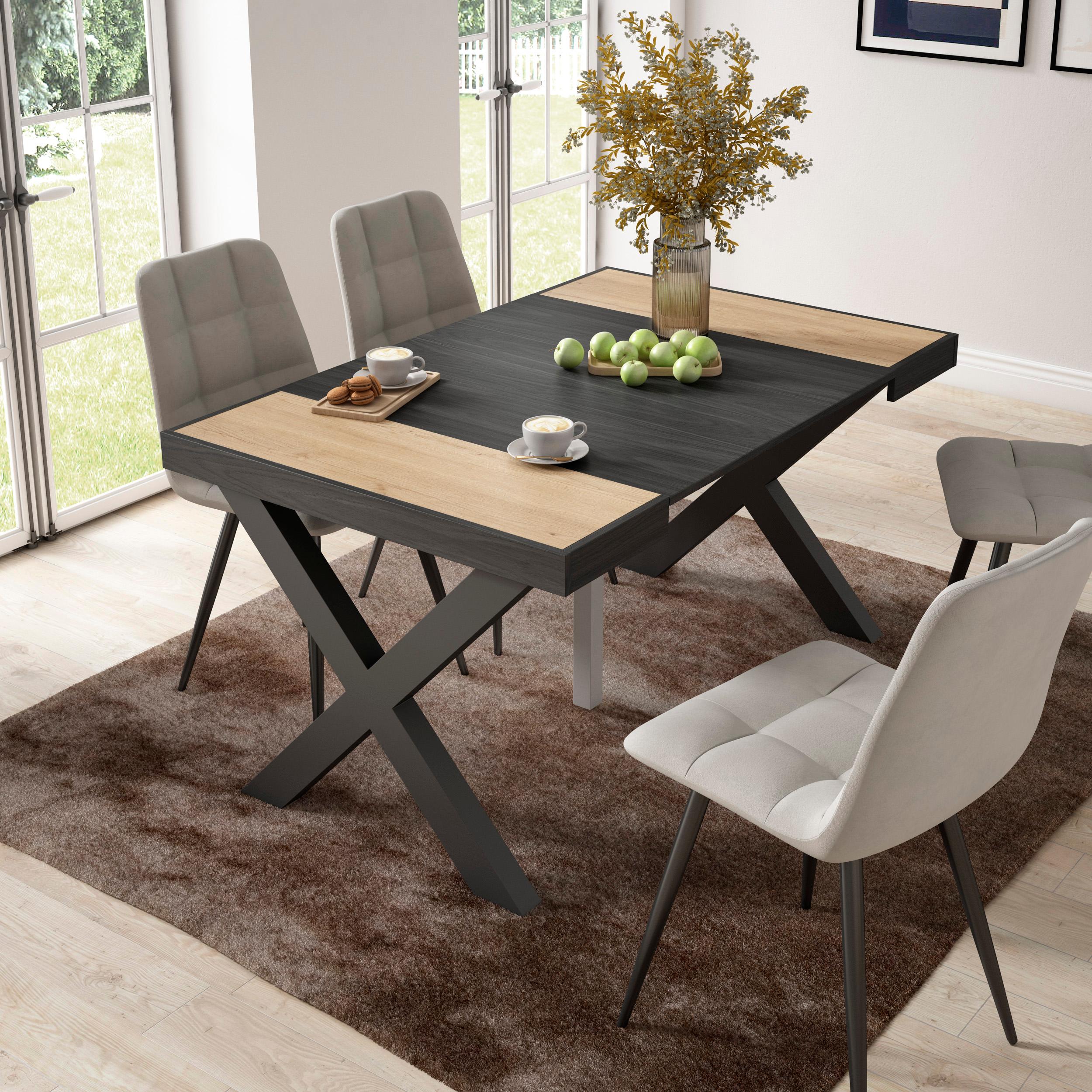 Consolle allungabile, 58 fino 140x90x73cm, Per 6 persone, Gambe in legno, colore Rovere e nero RF2732