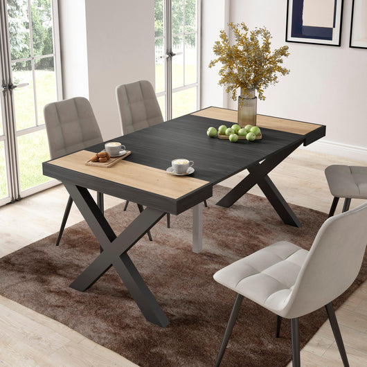 Consolle allungabile, 58 fino 160x90x73cm, Per 8 persone, Gambe in legno, colore Rovere e nero RF2754