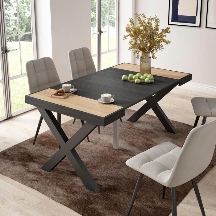 Consolle allungabile, 58 fino 160x90x73cm, Per 8 persone, Gambe in legno, colore Rovere e nero RF2754