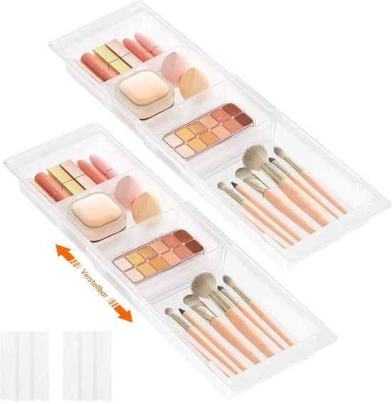 Organizzatore per cassetti da 2 pezzi, ripartitore di cassetti regolabile, 35,2-55,5 cm di lunghezza e 4,7 cm di altezza, organizzatore per bagno in plastica appeso per cosmetici, trucco, cucina, ufficio, trasparente
