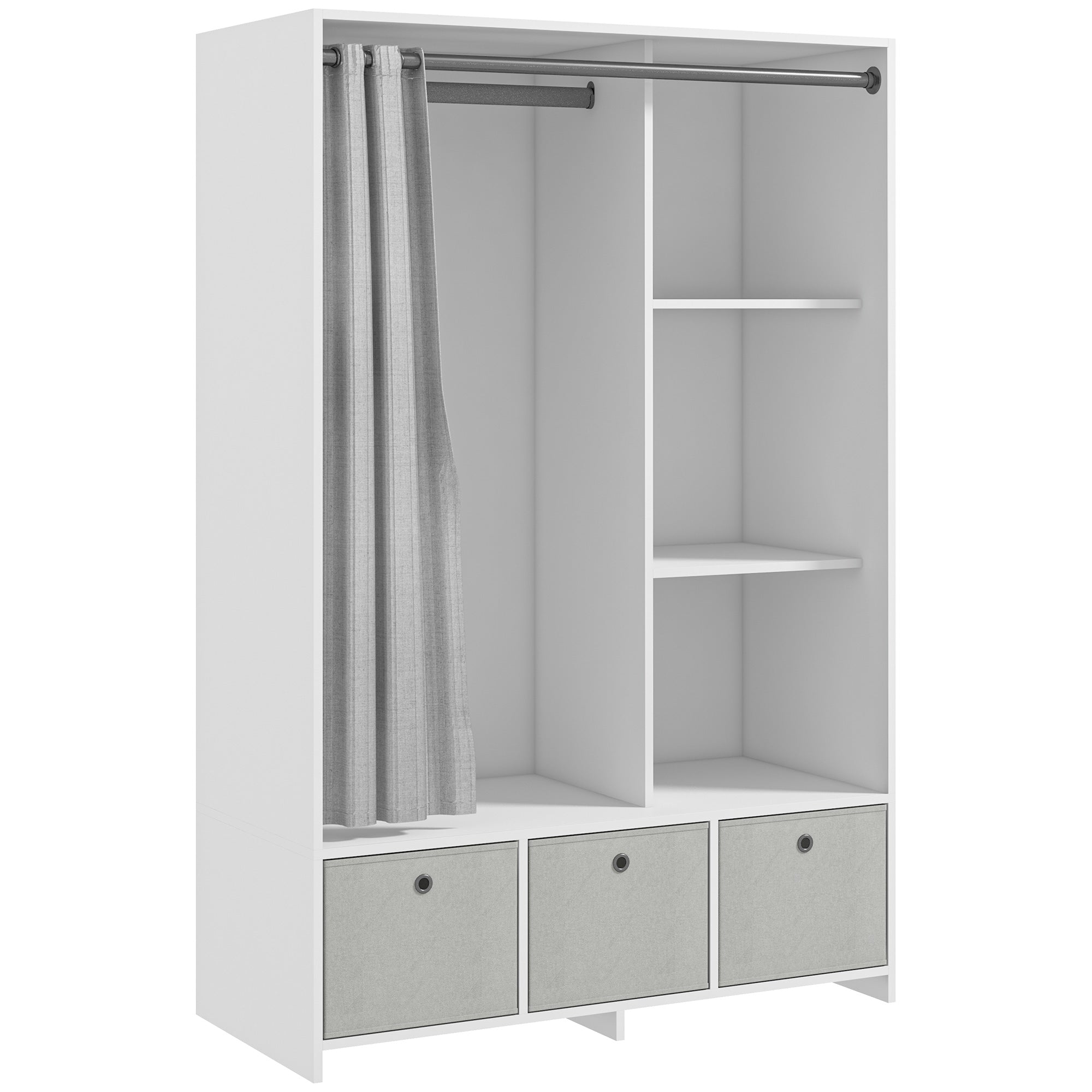 Armadio Guardaroba 105x48x160 cm con Barra Appendiabiti Ripiani e Cassetti in Legno e Tessuto Bianco e Grigio