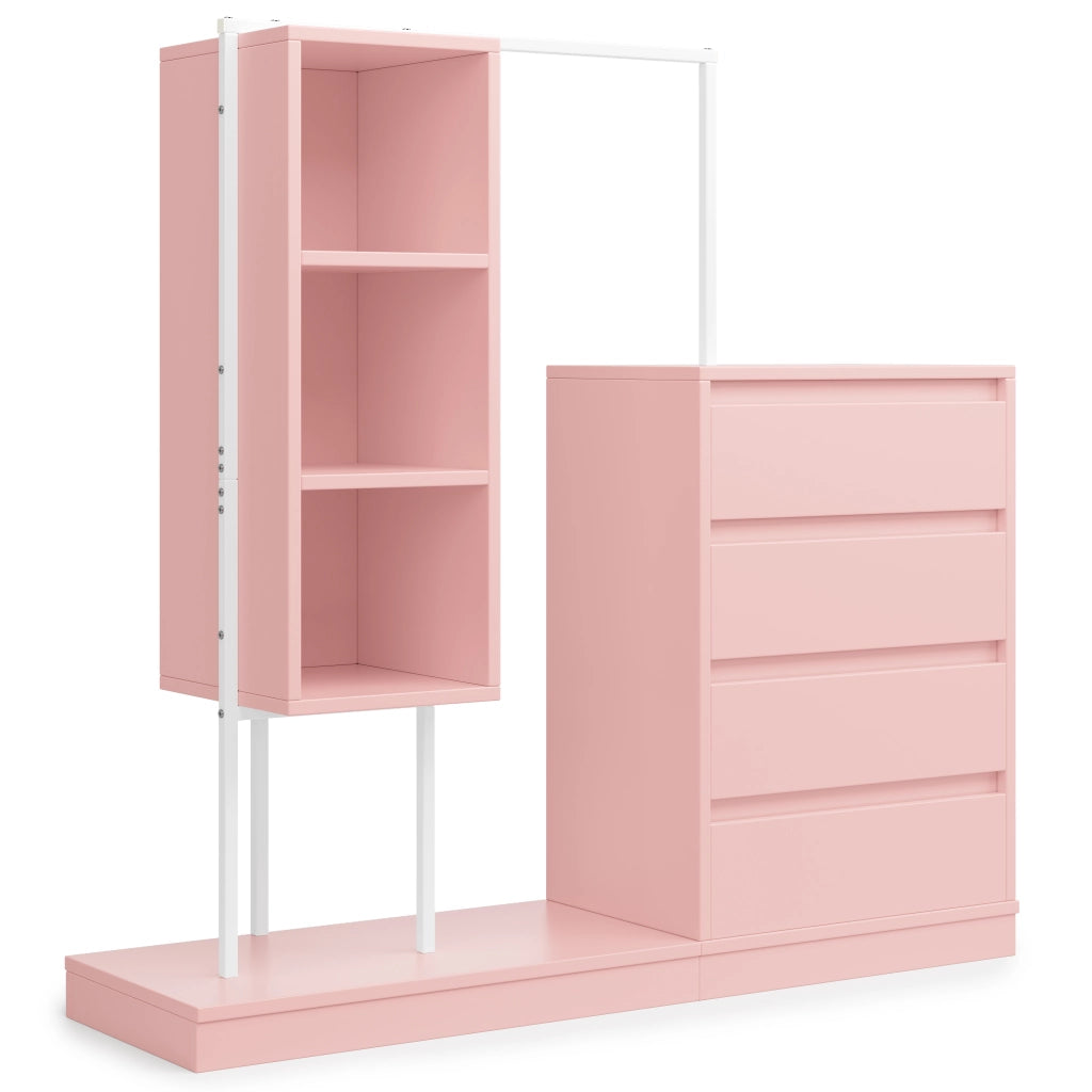 Armadio multifunzione con cassetti e barra appendiabiti, 140 x 40 x 135 cm, rosa e bianco