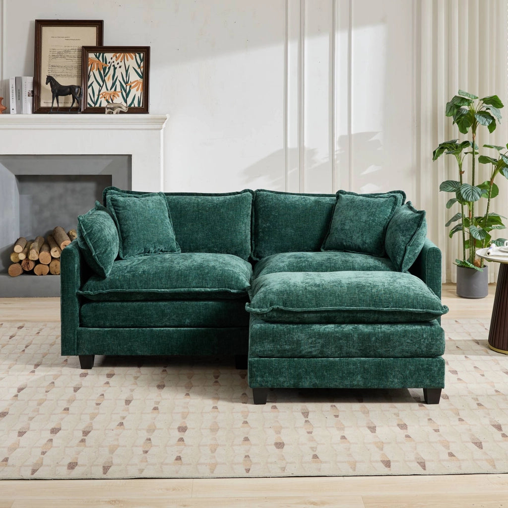 Divano modulare in ciniglia con cuscino ergonomico e seduta a doppio strato, verde per soggiorno e appartamento