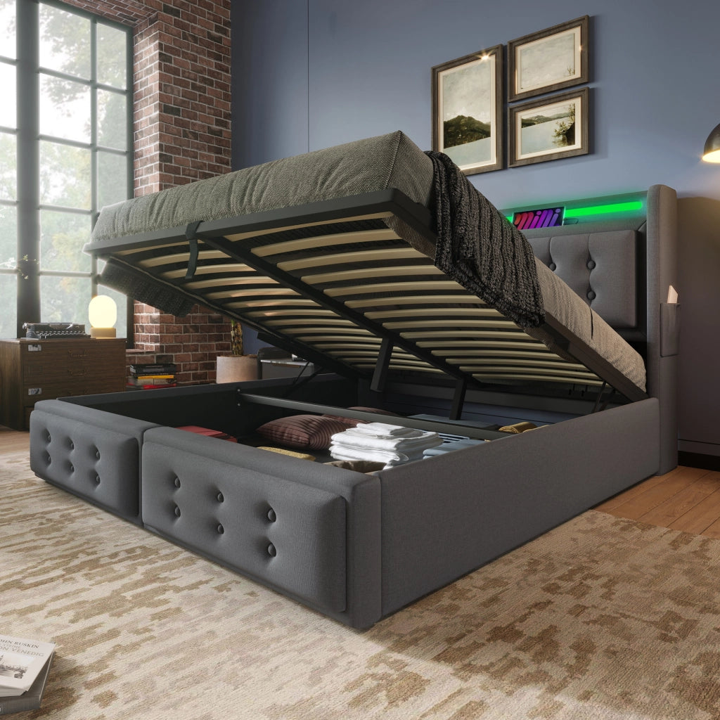 Letto imbottito 180x200 LED USB-C idraulico doghe 300kg grigio