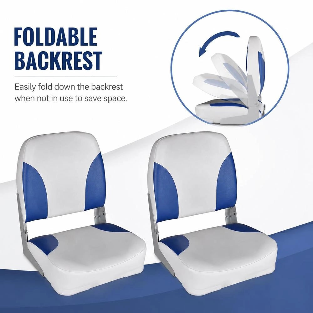 Boat Seats, 2 Pieces. Folding Backrest With Blue And White Cushion.