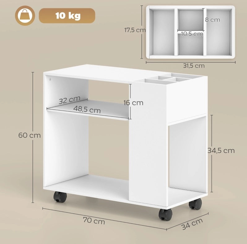 Supporto per stampante 70x34x60 cm in truciolato bianco con ruote