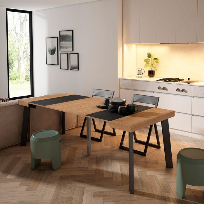 Consolle allungabile, 222x90x73cm, Per 10 persone, Gambe in legno, colore Rovere e nero RF3078