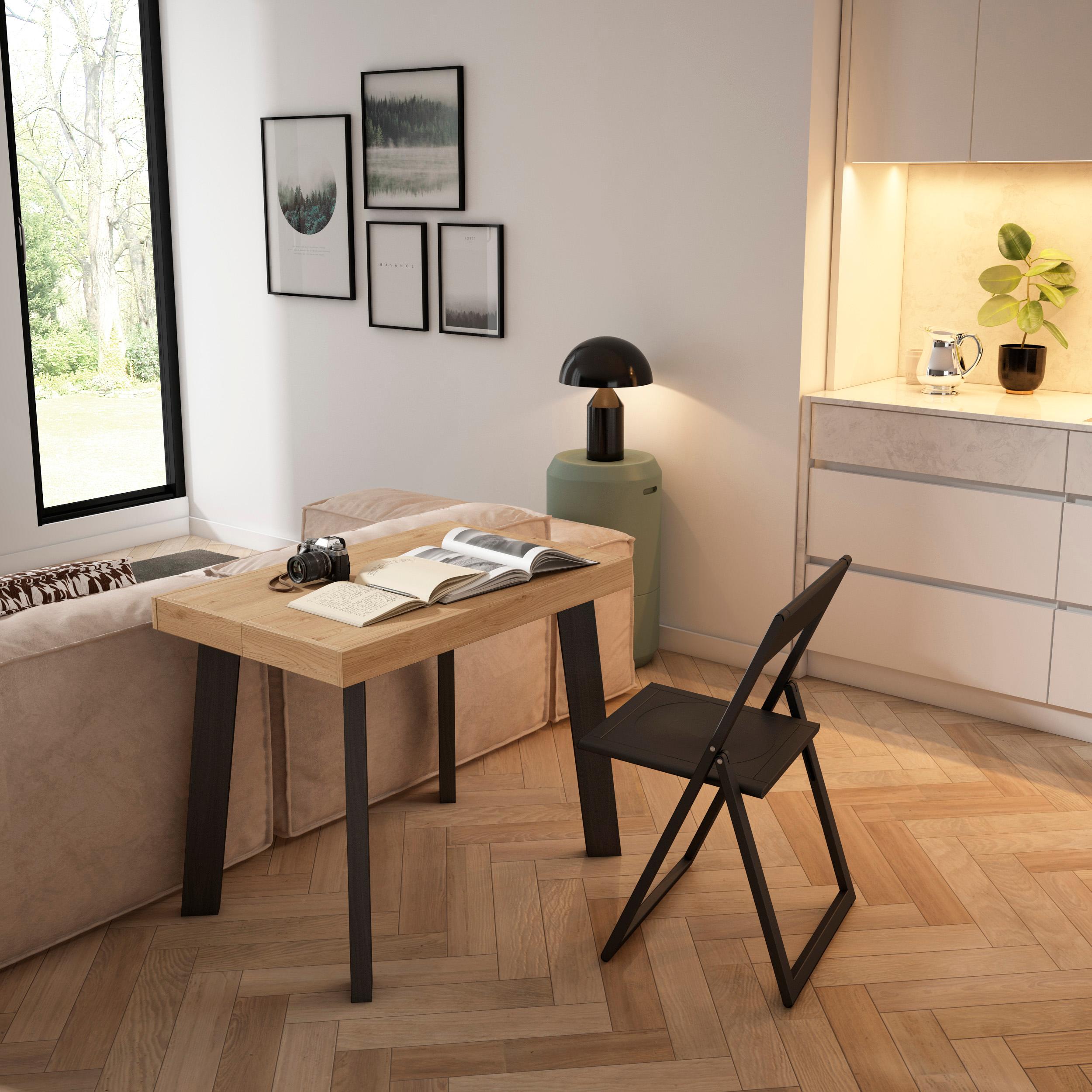 Consolle allungabile, 222x90x73cm, Per 10 persone, Gambe in legno, colore Rovere e nero RF3078