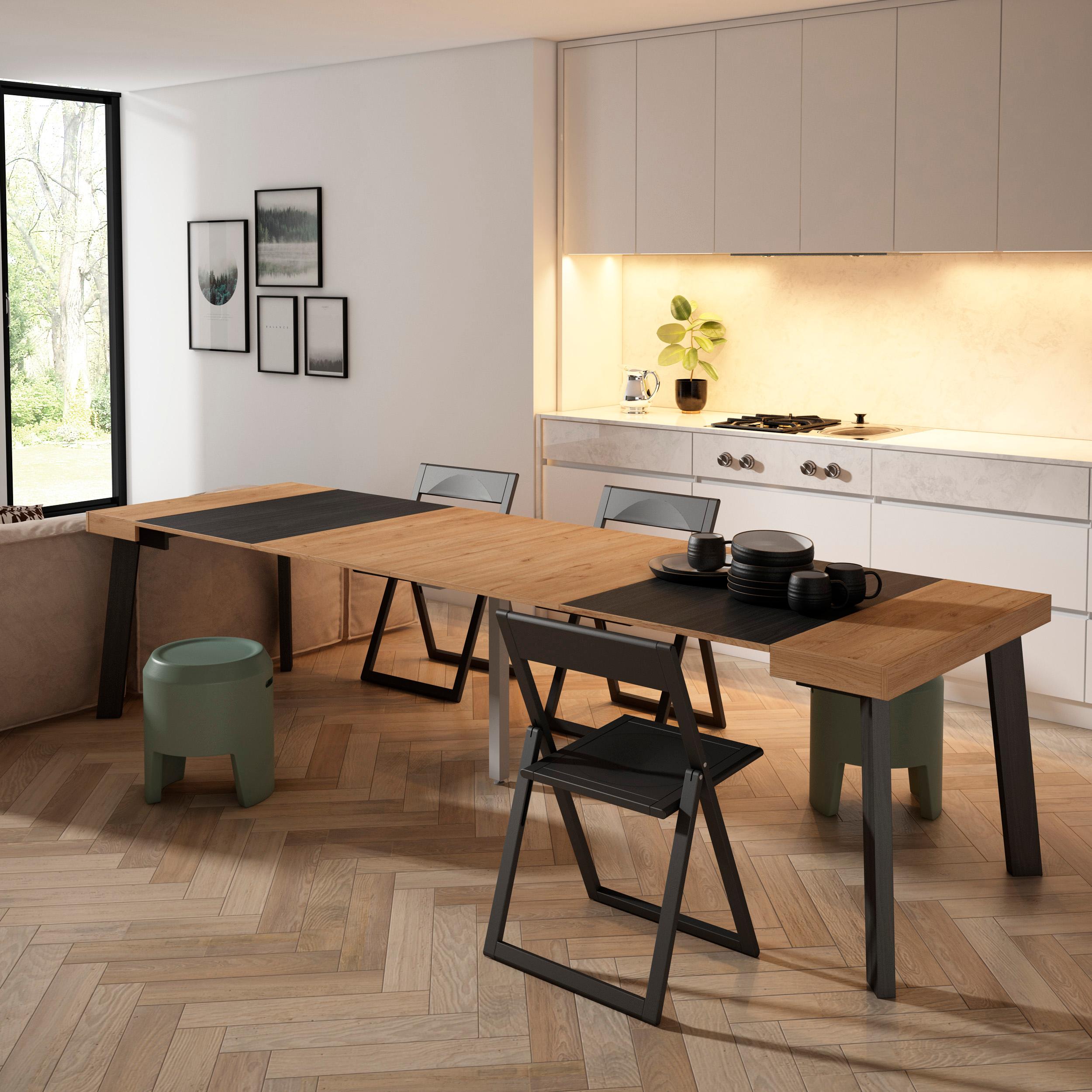 Consolle allungabile, 302x90x73cm, Per 14 persone, Gambe in legno, colore Rovere e nero RF3056