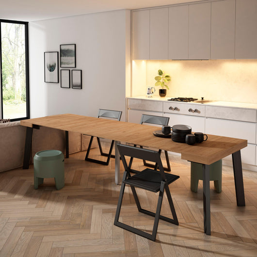 Consolle allungabile, 302x90x73cm, Per 14 persone, Gambe in legno, colore Rovere RF3052