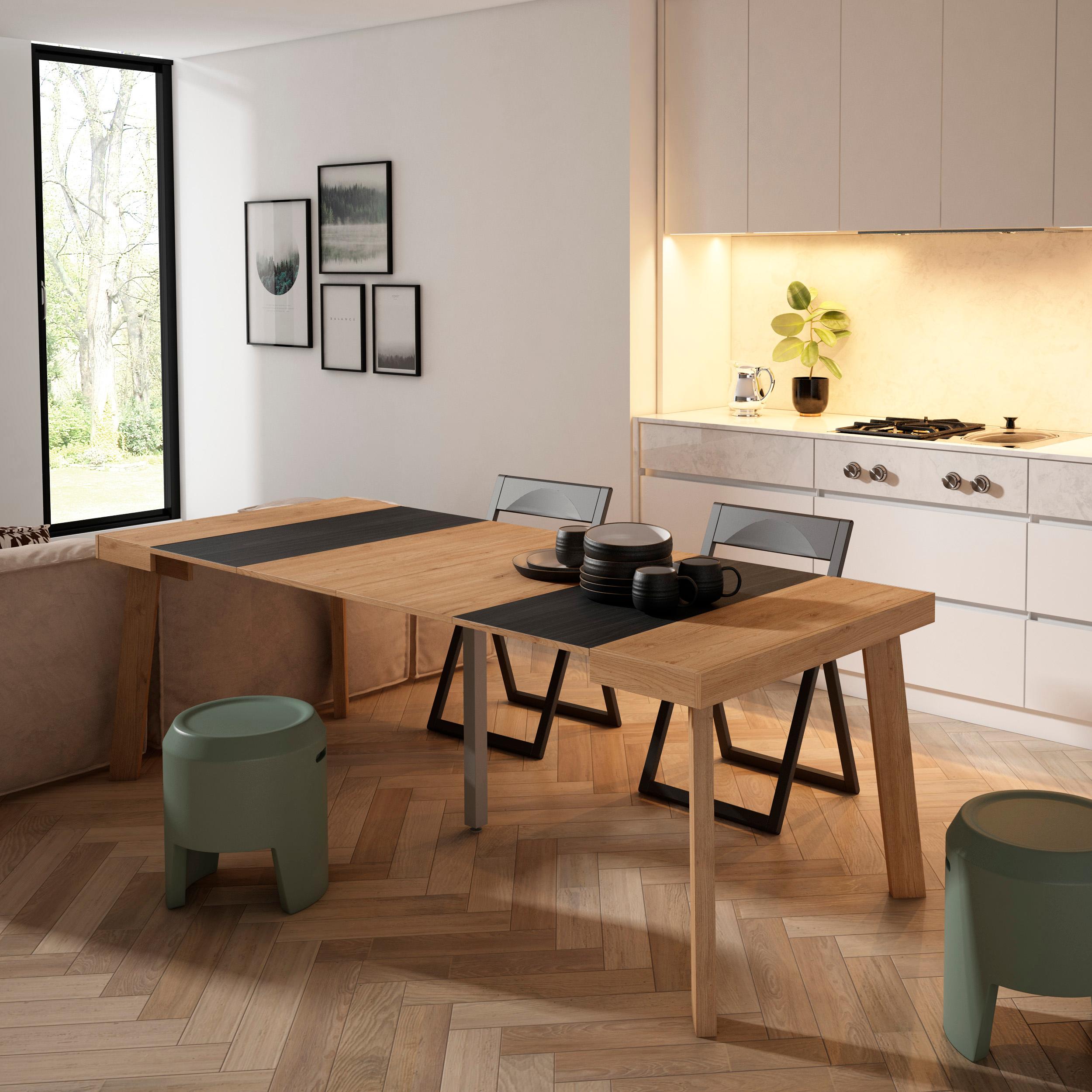 Consolle allungabile, 222x90x73cm, Per 10 persone, Gambe in legno, colore Rovere e nero RF3066