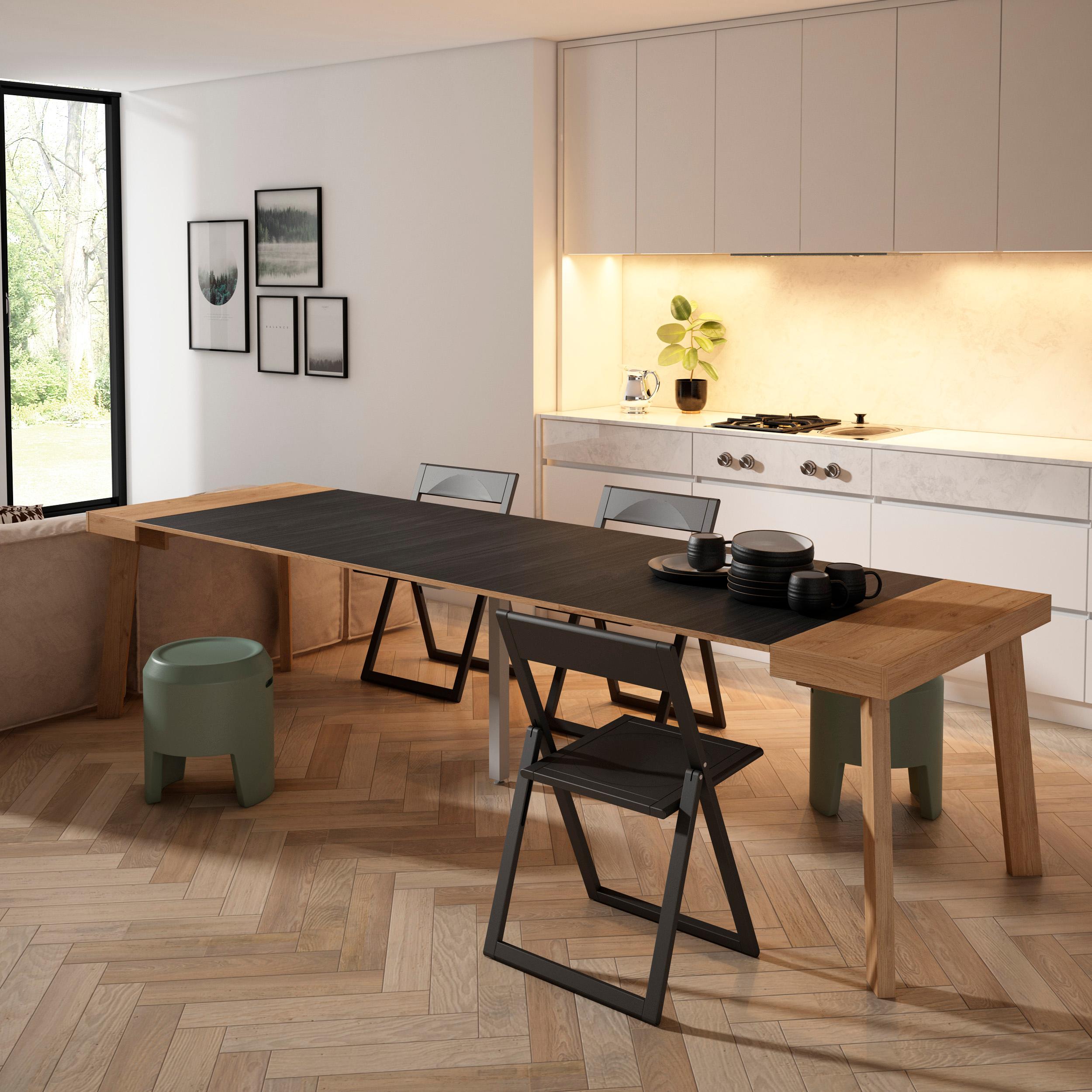 Consolle allungabile, 302x90x73cm, Per 14 persone, Gambe in legno, colore Rovere e nero RF3099