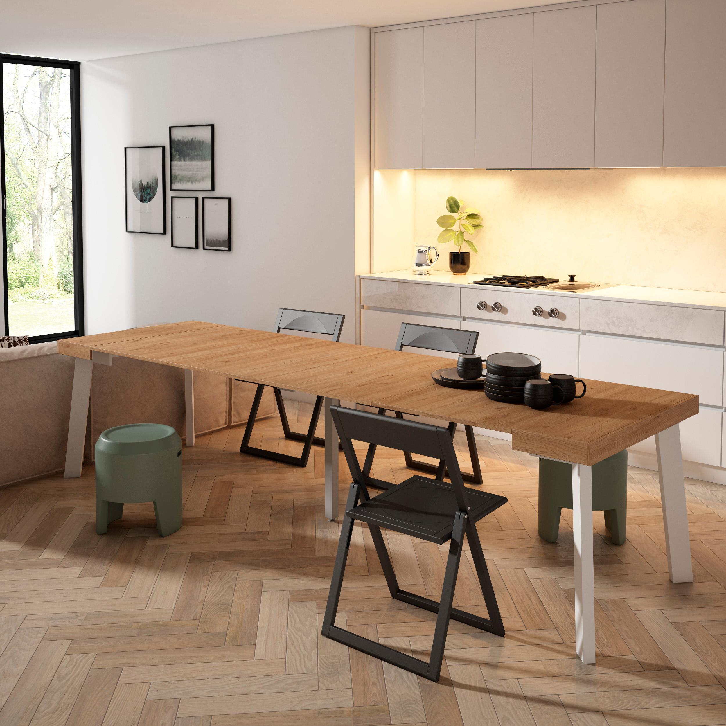 Consolle allungabile, 302x90x73cm, Per 14 persone, Gambe in legno, colore Rovere RF3106