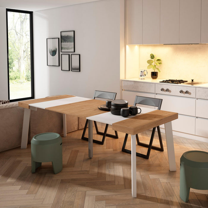 Consolle allungabile, 222x90x73cm, Per 10 persone, Gambe in legno, colore Rovere e bianco RF3015