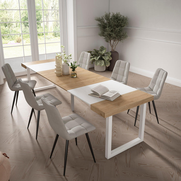 Consolle allungabile, 302x90x73cm, Per 14 persone, Gambe in legno, colore Rovere e bianco RF2965