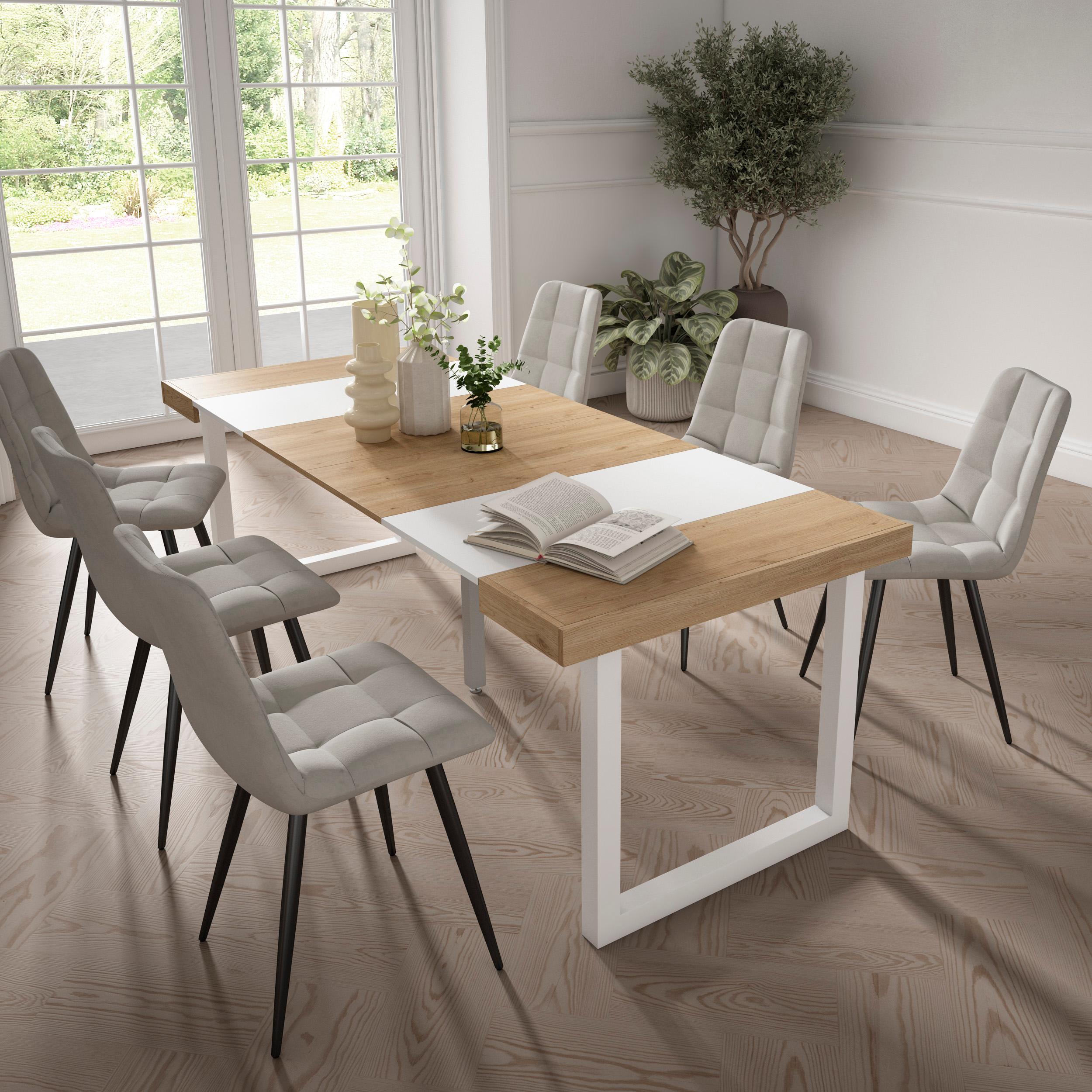 Consolle allungabile, 222x90x73cm, Per 10 persone, Gambe in legno, colore Rovere e bianco RF2973