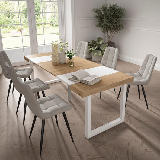 Consolle allungabile, 222x90x73cm, Per 10 persone, Gambe in legno, colore Rovere e bianco RF2973