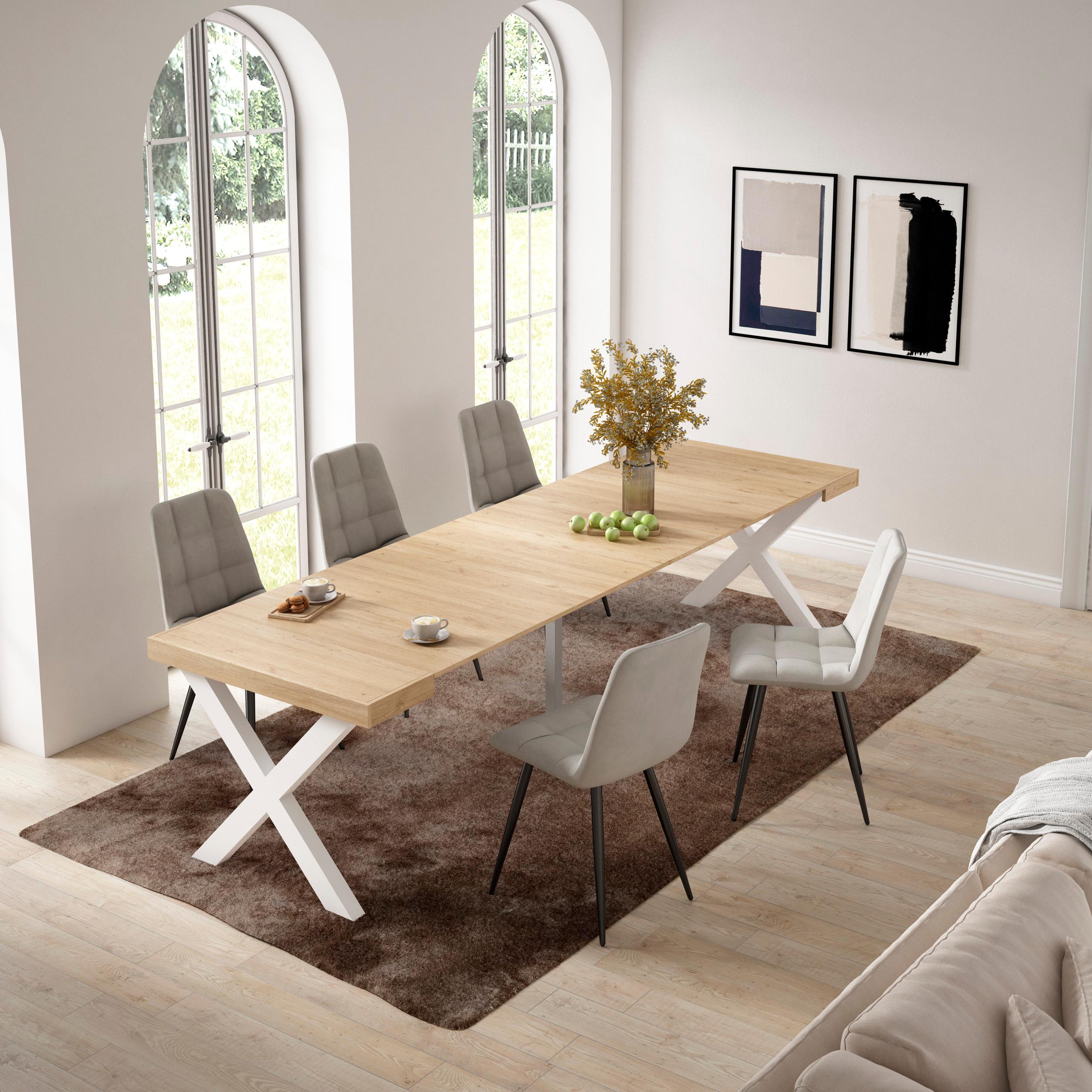 Consolle allungabile, 58 fino 302x90x73cm, Per 14 persone, Gambe in legno, colore Rovere RF2838