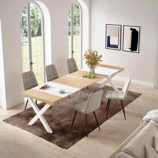 Consolle allungabile, 58 fino 302x90x73cm, Per 14 persone, Gambe in legno, colore Rovere e bianco RF2839