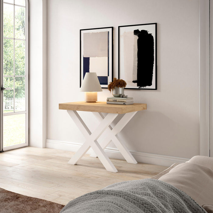 Consolle allungabile, 58 fino 302x90x73cm, Per 14 persone, Gambe in legno, colore Rovere e bianco RF2839