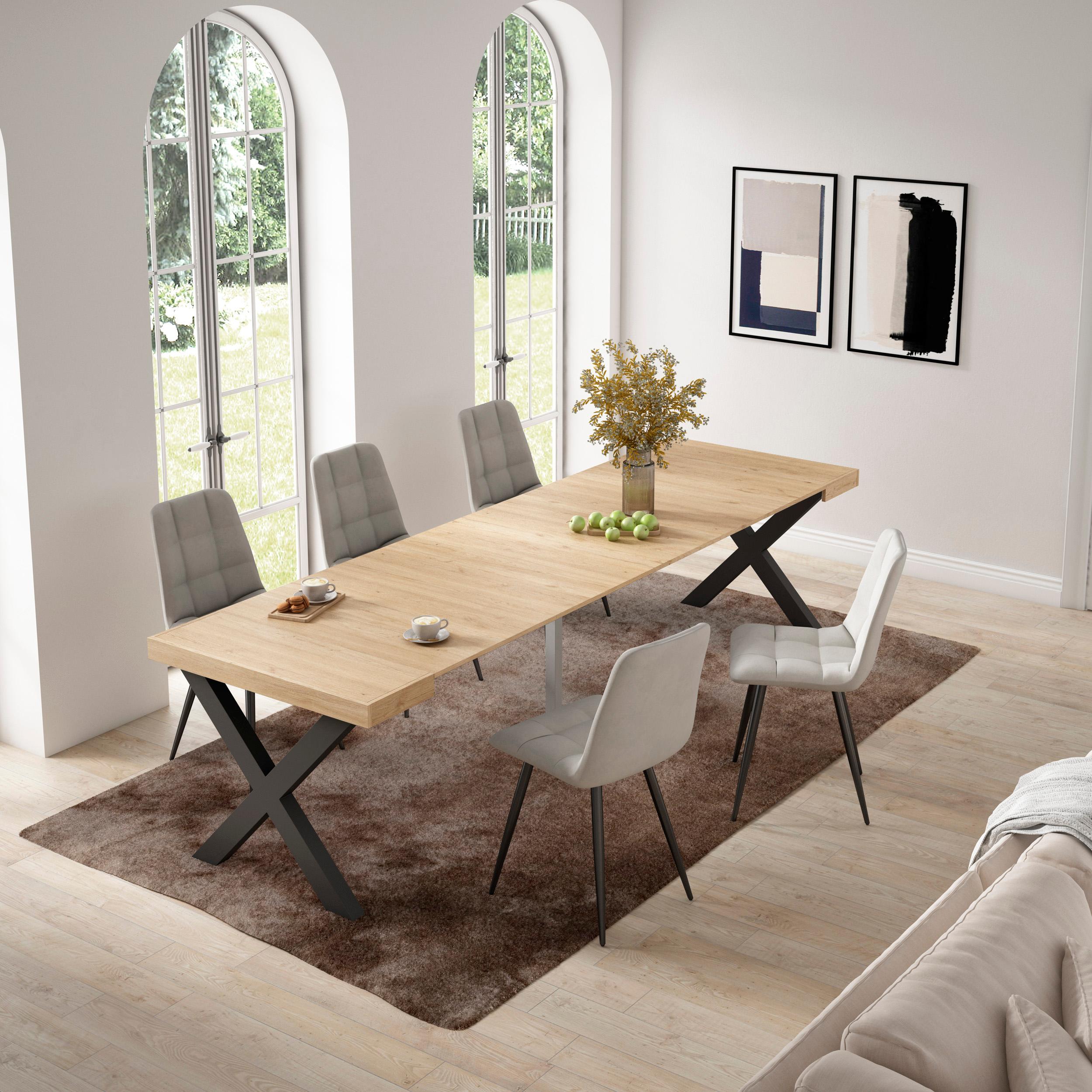 Consolle allungabile, 58 fino 302x90x73cm, Per 14 persone, Gambe in legno, colore Rovere RF2781