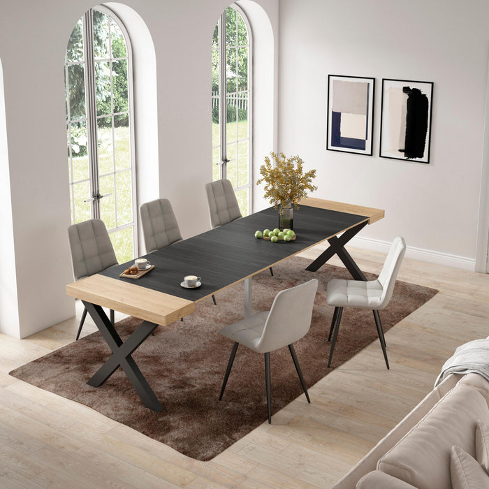 Consolle allungabile, 58 fino 302x90x73cm, Per 14 persone, Gambe in legno, colore Rovere e nero RF2829