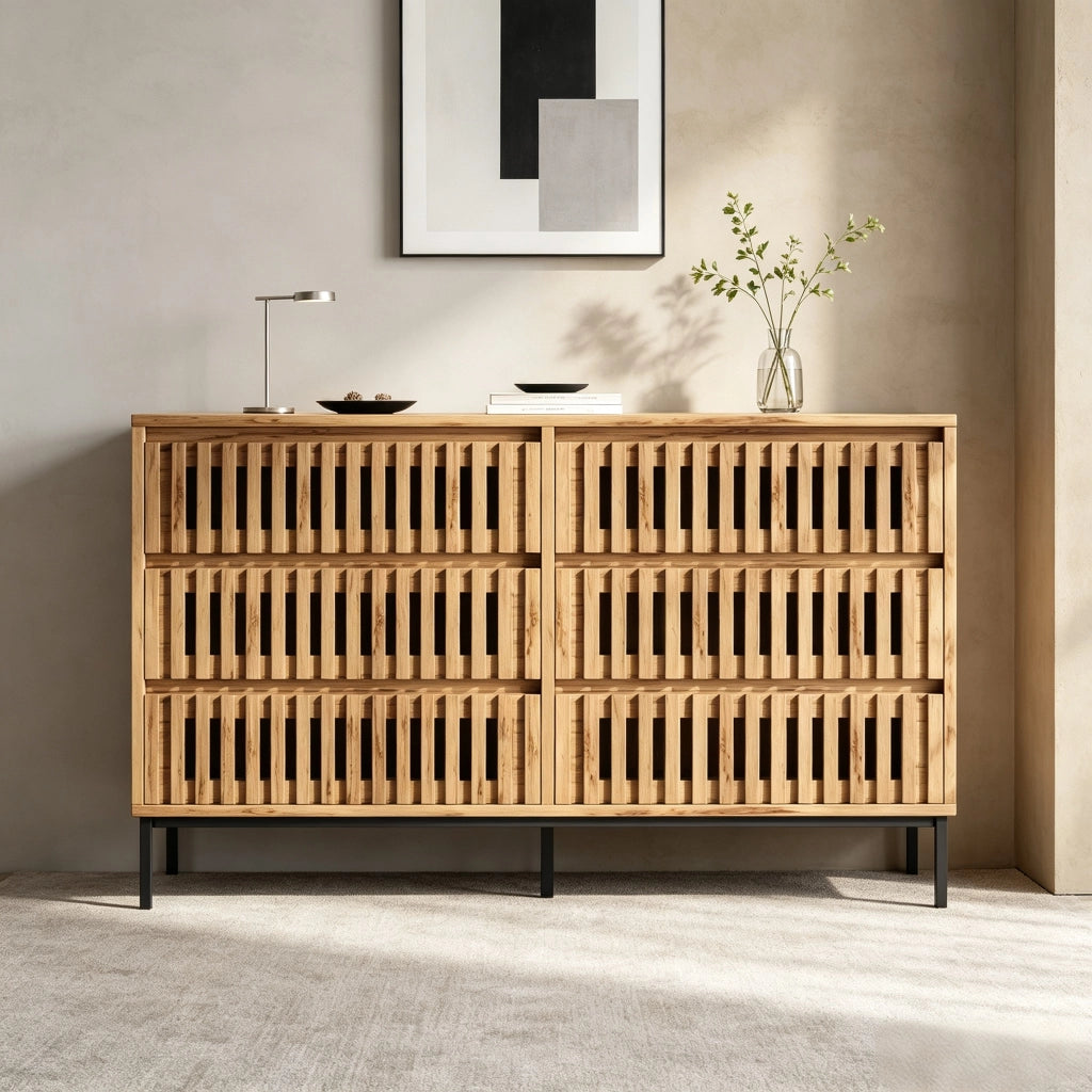 Credenza con 6 cassetti e 5 piedi con supporto centrale regolabile per soggiorno e camera da letto 120 × 40 × 81 cm