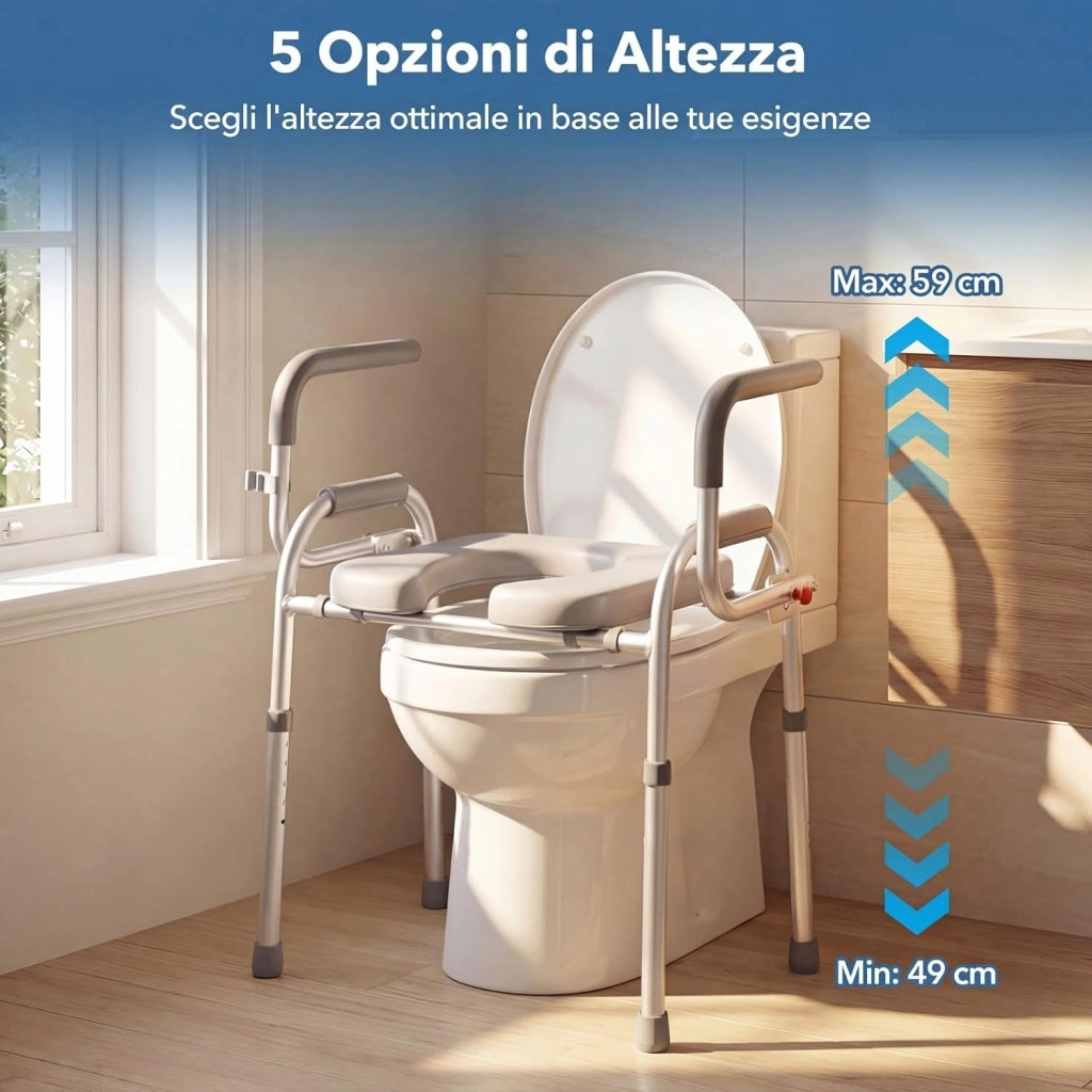 Ringhiera di Sicurezza per WC Portata 136 kg, Barra Bagno con Braccioli Pieghevoli e Supporto Laterale per Doccino, Altezza Regolabile da 49 a 59 cm, Rialzo WC per Anziani e Donne Incinte