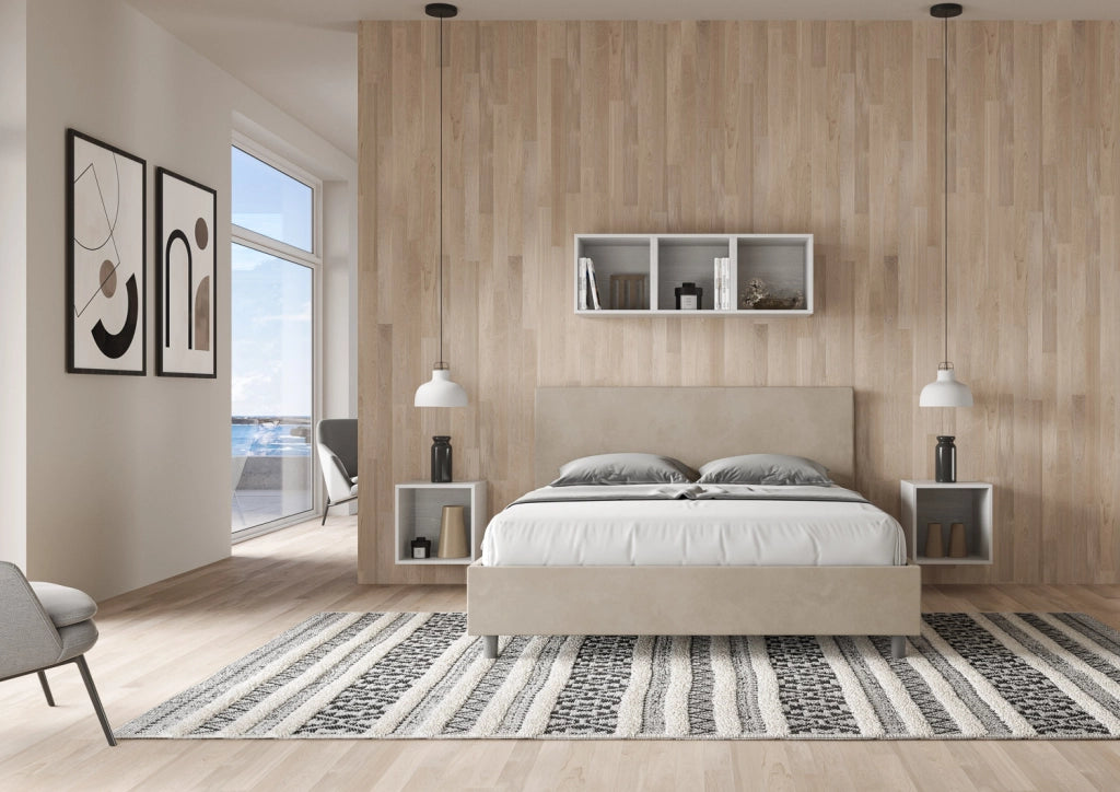 BS COM Letto matrimoniale senza rete imbottito 160x190 microfibra sabbia