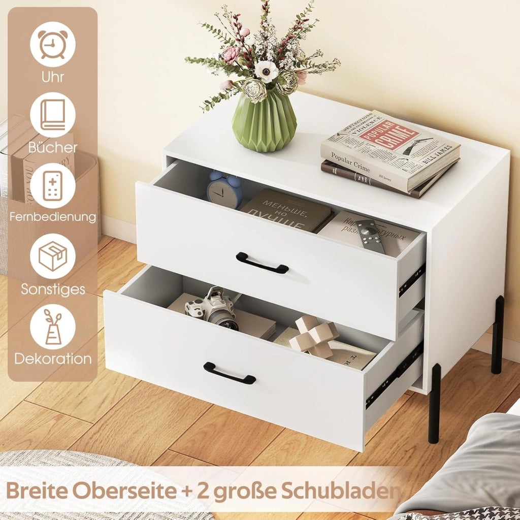 Comodino, piccolo comò con 2 cassetti, comodino in legno con gambe in metallo, protezione antiribaltamento, tavolino salvaspazio con spazio per corridoio, soggiorno, camera da letto, 71 x 41 x