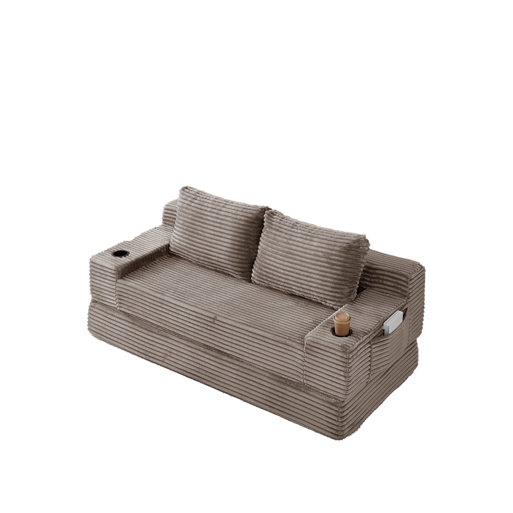 Divano letto 2 in 1 in velluto a coste marrone con portabevande laterali