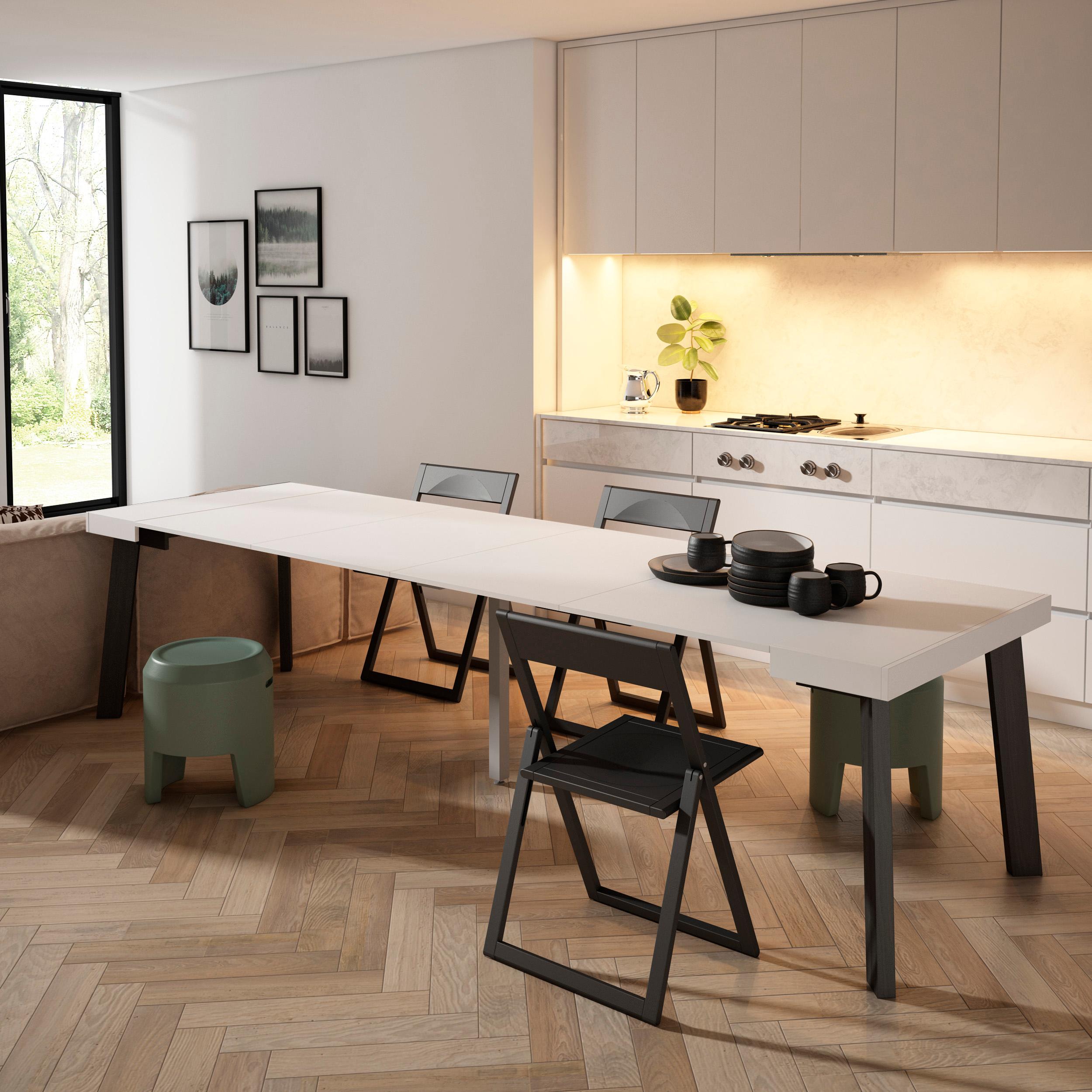 Consolle allungabile, 302x90x73cm, Per 14 persone, Gambe in legno, Bianco RF3047