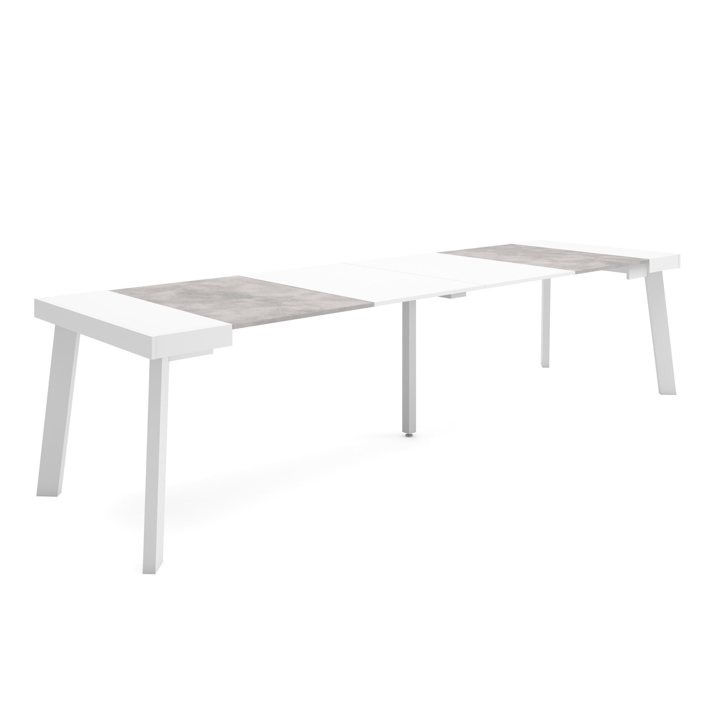 Consolle allungabile, 302x90x73cm, Per 14 persone, Gambe in legno, Bianco e grigio cemento RF3109