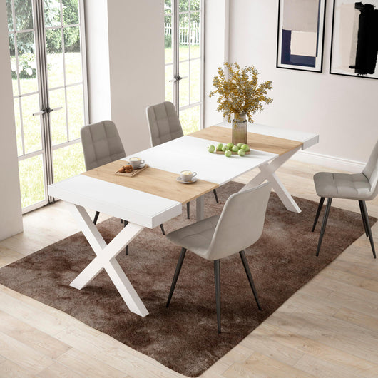 Consolle allungabile, 58 fino 222x90x73cm, Per 10 persone, Gambe in legno, colore Rovere e bianco RF2837