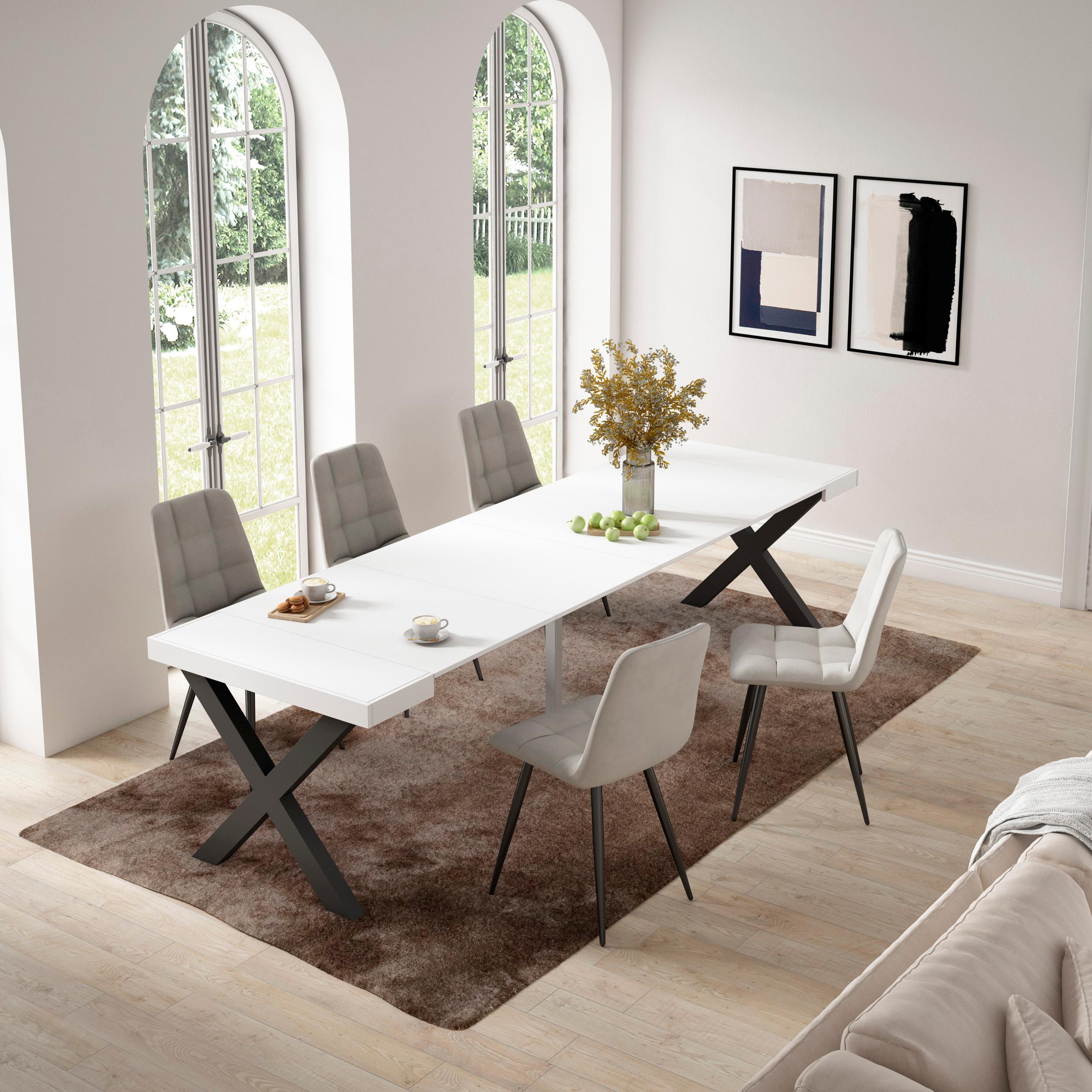 Consolle allungabile, 58 fino 302x90x73cm, Per 14 persone, Gambe in legno, Bianco RF2821