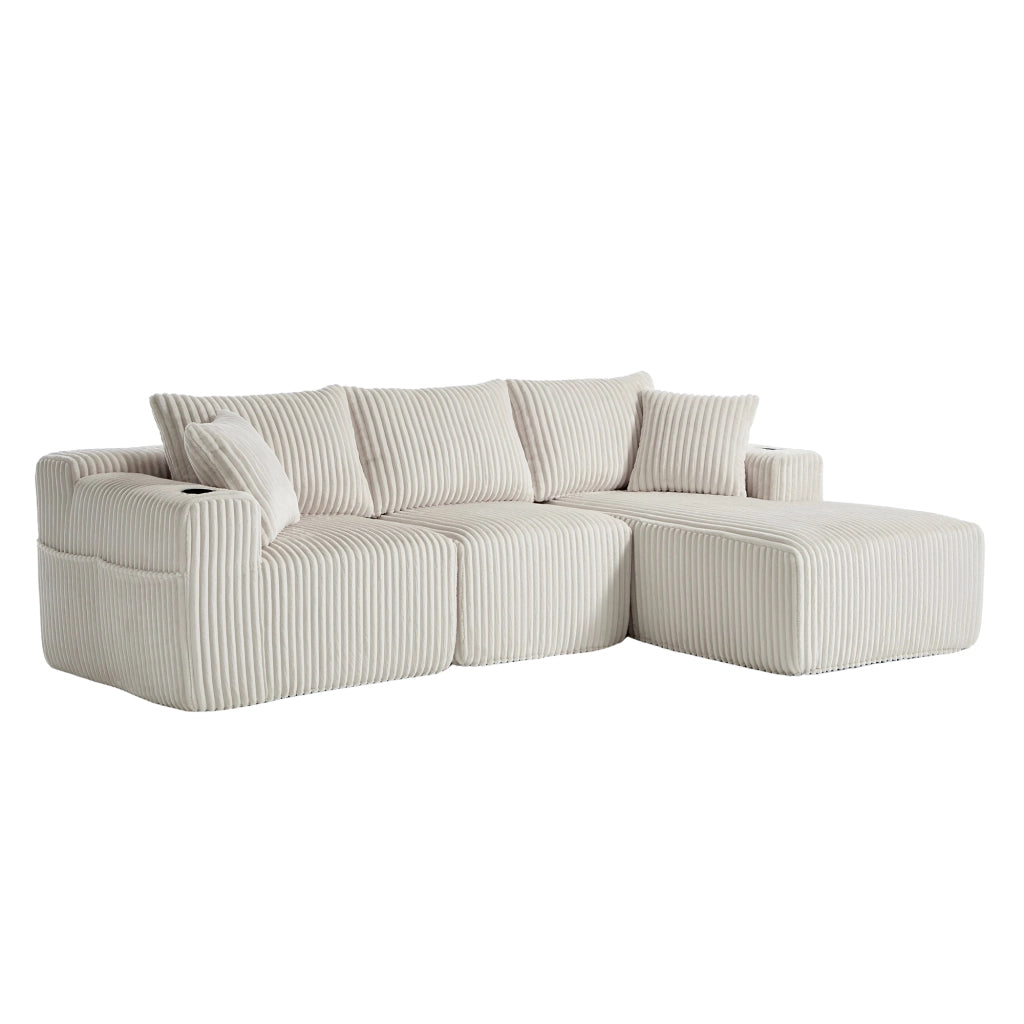 Divano modulare con chaise longue e 2 posti in corduroy beige con 5 cuscini, tasche laterali e portabicchieri