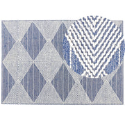Tappeto in lana beige chiaro e blu poliestere 160 x 230 cm intrecciato a mano motivo geometrico boho soggiorno camera da letto