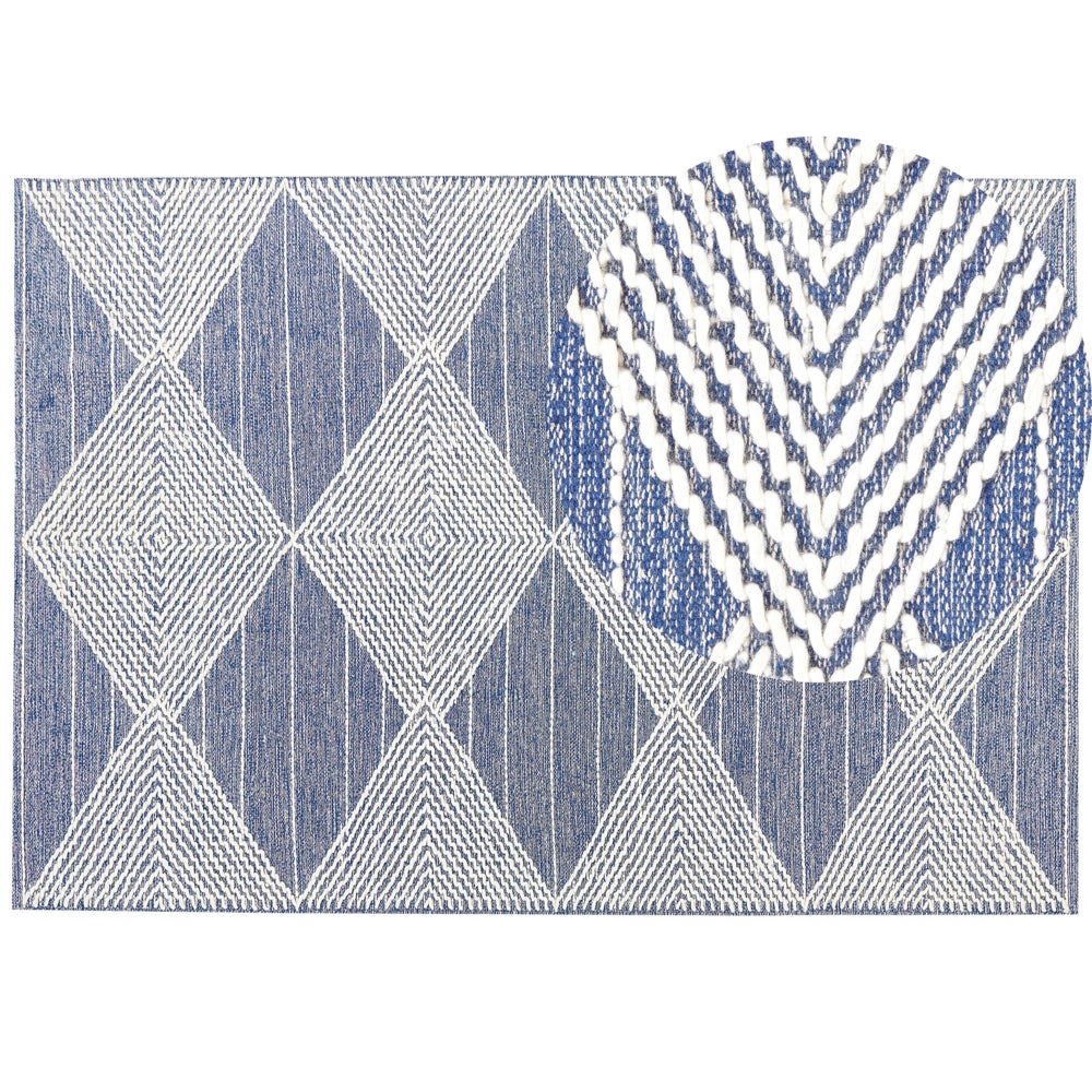 Tappeto in lana beige chiaro e blu poliestere 160 x 230 cm intrecciato a mano motivo geometrico boho soggiorno camera da letto