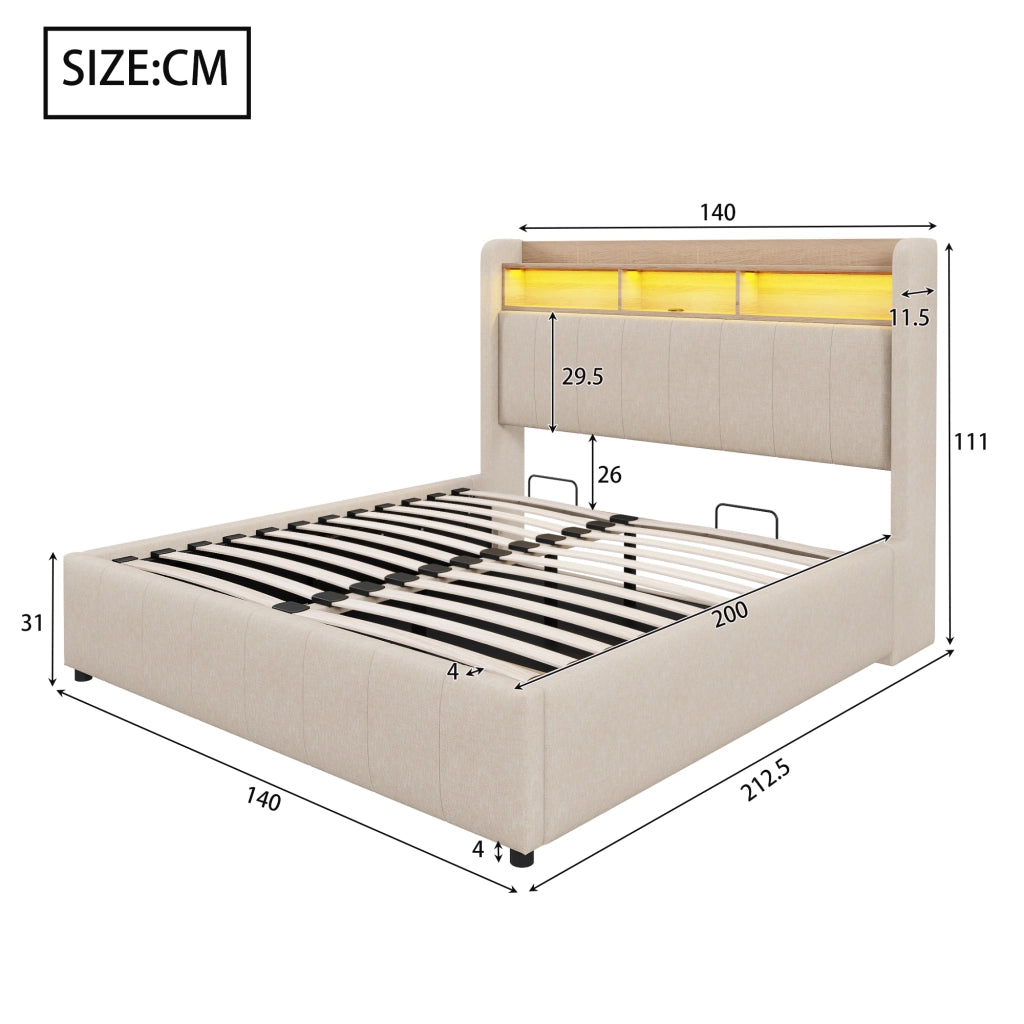 Letti contenitori 140x200 cm; LED e contenitore; lino beige