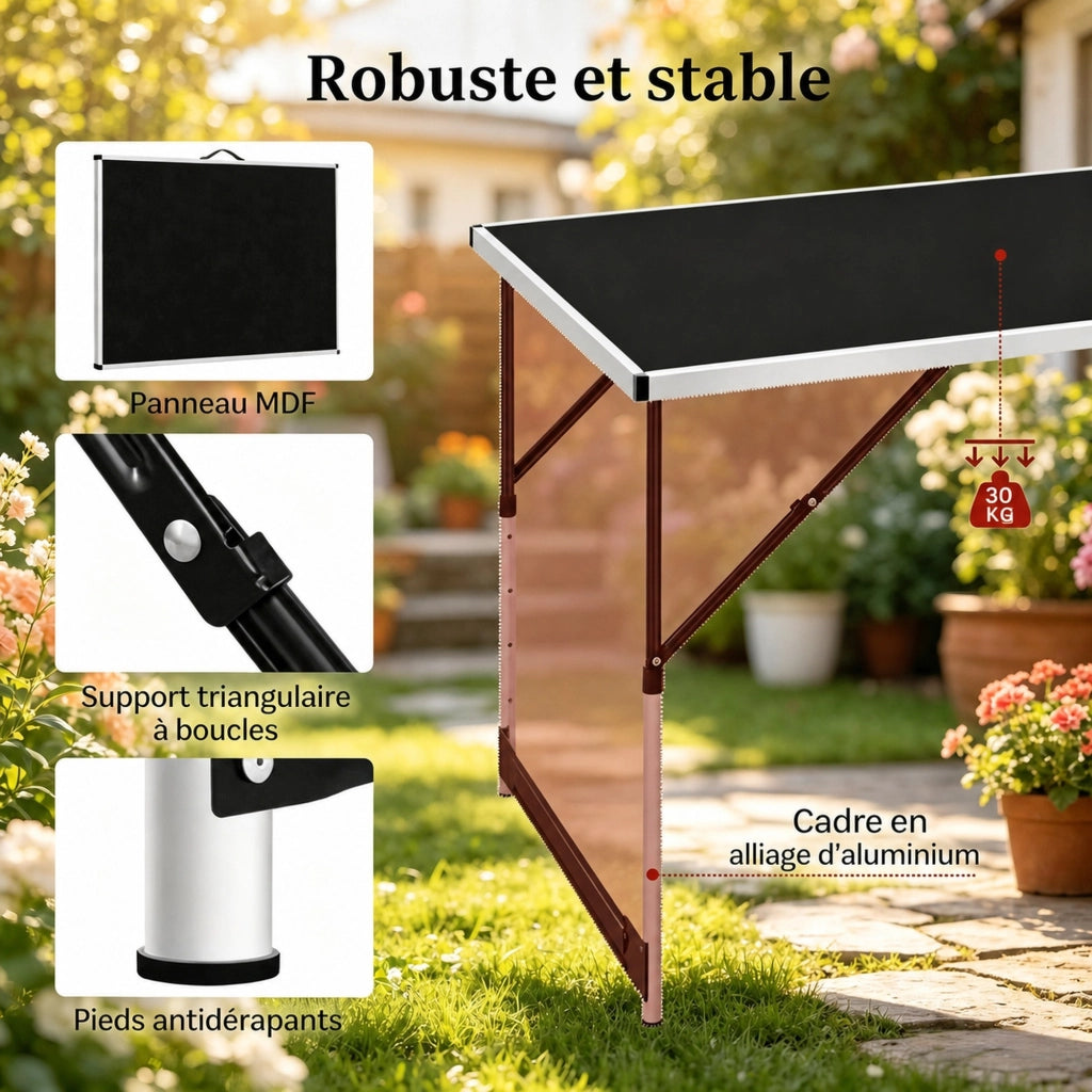 Tavolo da campeggio pieghevole regolabile in altezza in alluminio e MDF nero 73-94 × 100 × 60 cm