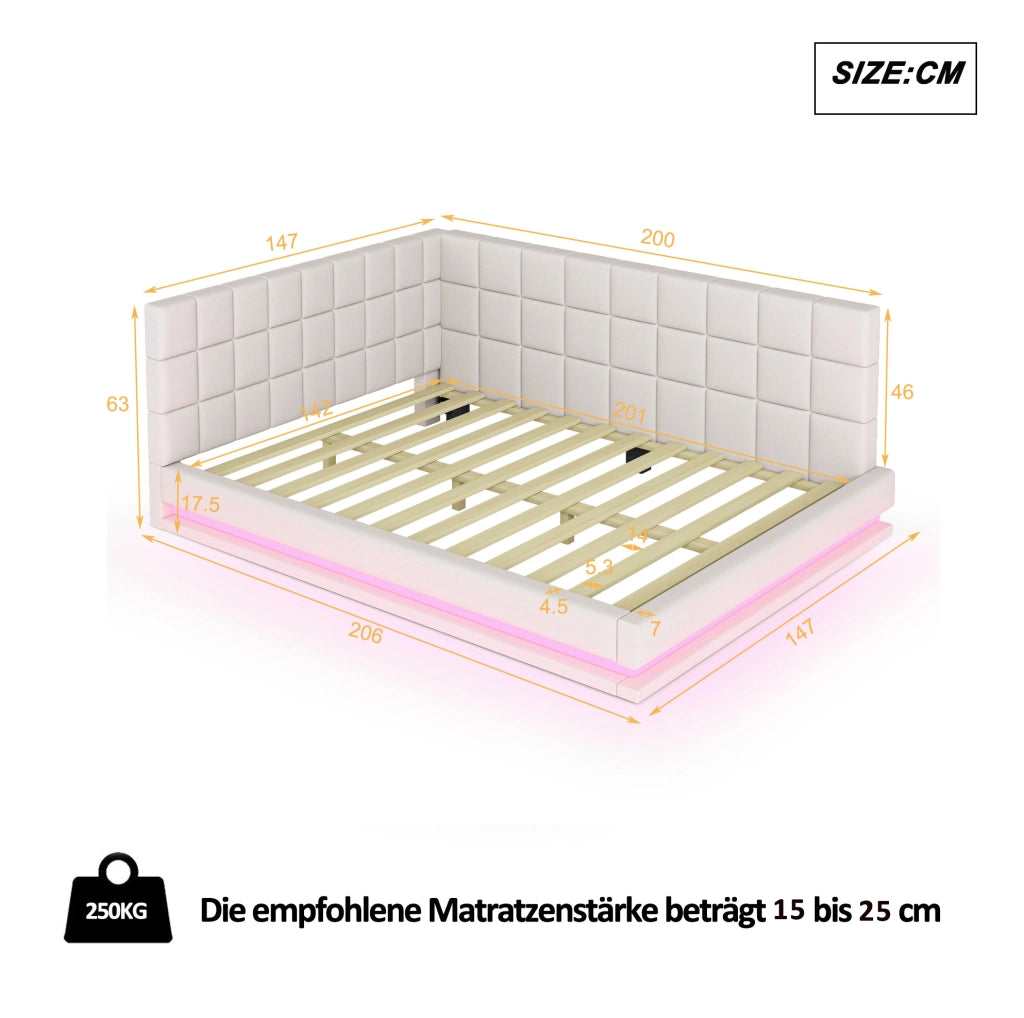 Divano letto imbottito 140x200 cm beige con LED e USB