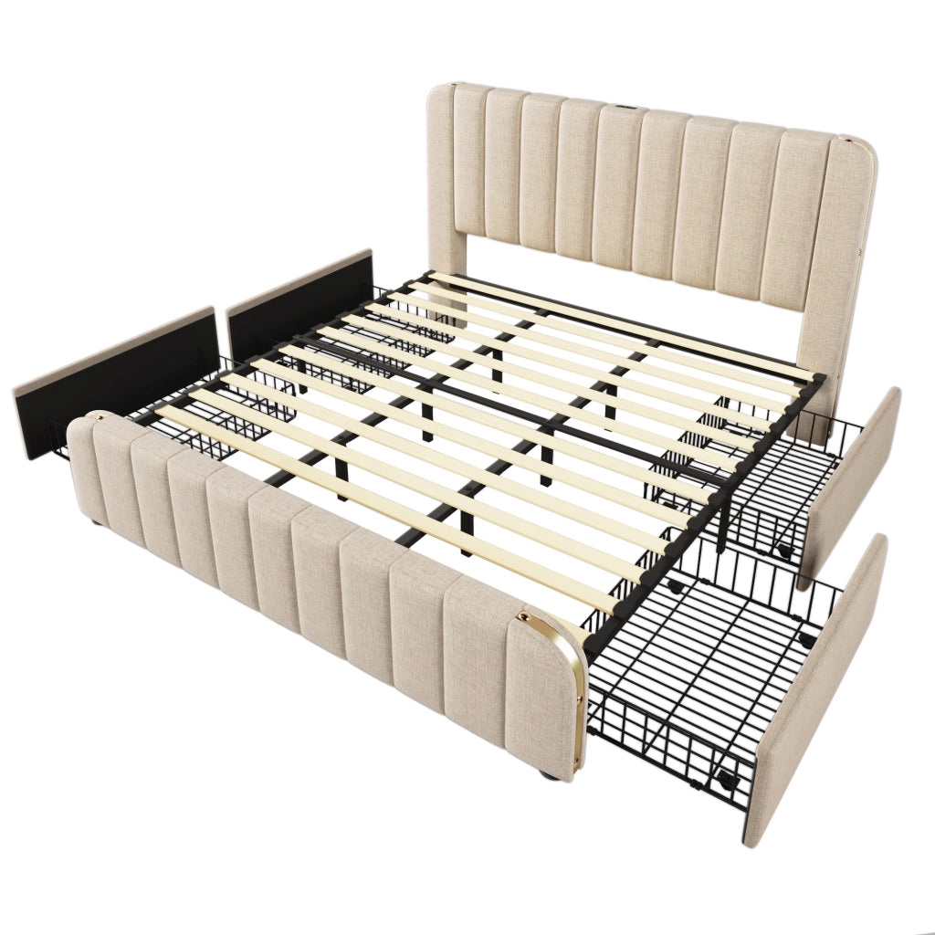 letto matrimoniale 180¡Á200 cm, imbottito, con presa USB/Type-C per la ricarica, 4 cassetti, beige
