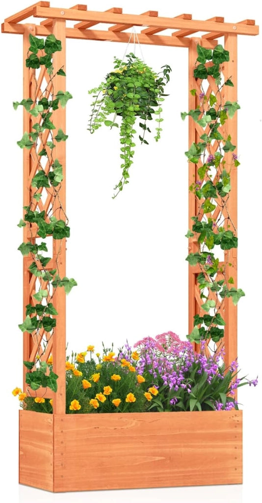Letto da Giardino Sollevato con Traliccio, Fioriera in Legno con Tetto Pendente, Fori di Drenaggio per Piante Rampicanti, Fiori e Verdure, Letto da Piantagione per Interni ed Esterni