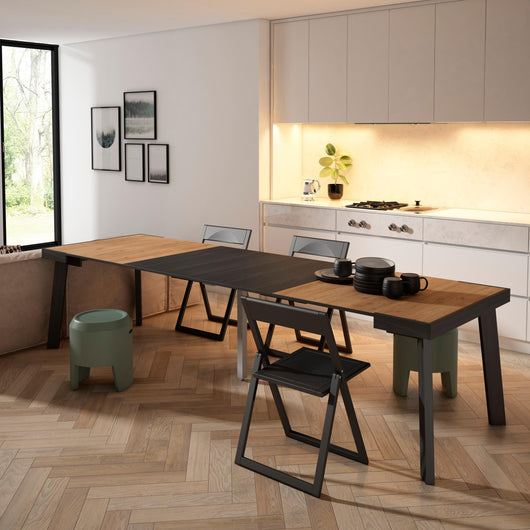 Consolle allungabile, 302x90x73cm, Per 14 persone, Gambe in legno, colore Rovere e nero RF3050