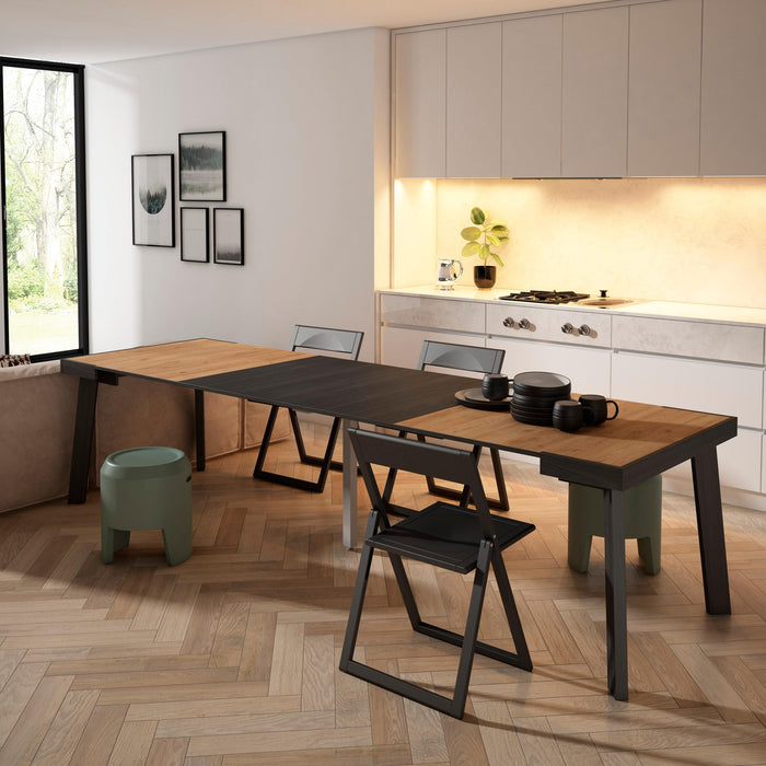 Consolle allungabile, 302x90x73cm, Per 14 persone, Gambe in legno, colore Rovere e nero RF3050